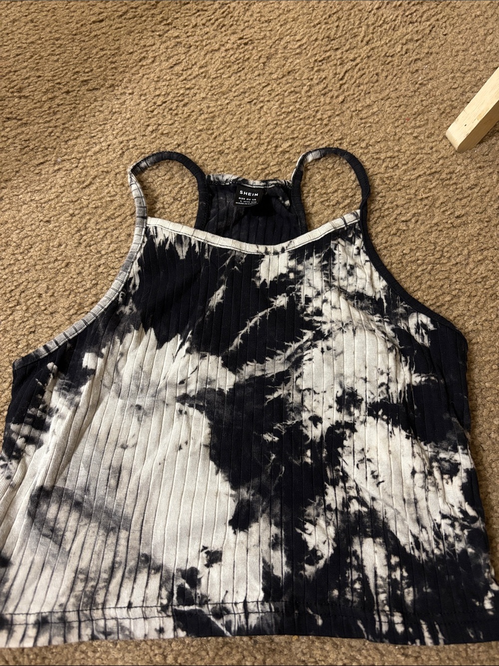 SHEIN Black & White Tie-Dye Ribbed Cropped Tank Top